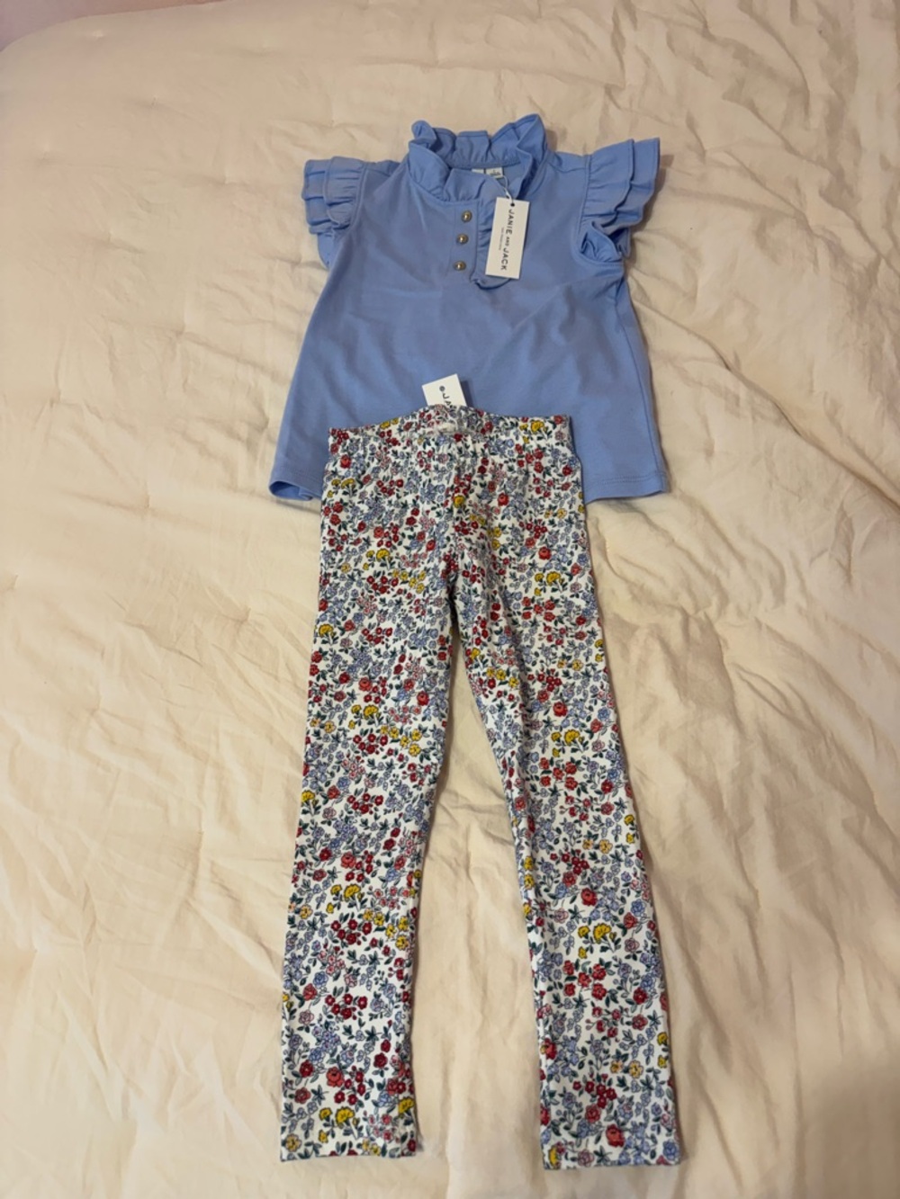 Janie and Jack Light Blue Ruffle Sleeve Top with Floral Leggings